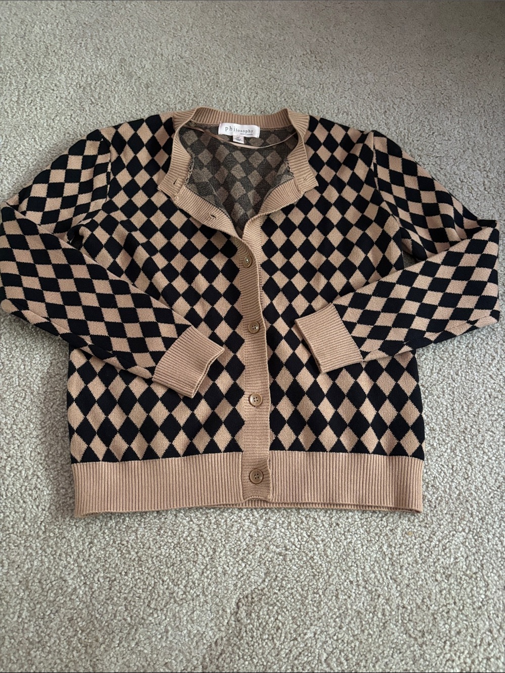 Philosophy Beige and Black Argyle Knit Cardigan size small
